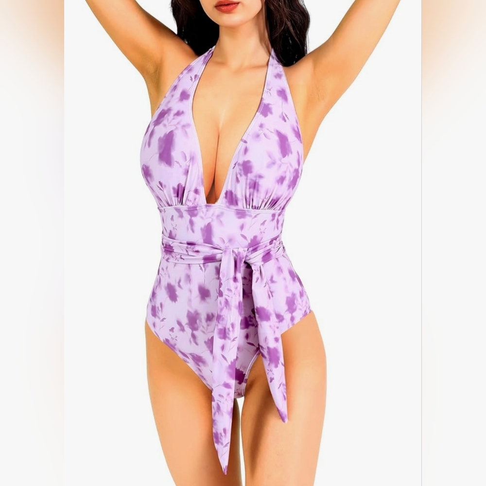 Purple Tie-Dye Halter Swimsuit
